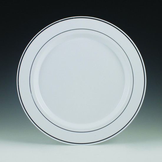 10.25&quot; WHITE PLATE WITH SILVER TRIM 120/CASE